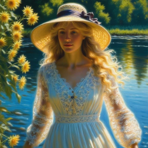 the blonde in the river,girl on the river,yellow sun hat,oil painting,sun flowers,world digital painting,photo painting,high sun hat,fantasy portrait,oil painting on canvas,girl in flowers,sun hat,romantic portrait,meadow in pastel,mirror in the meadow,blonde woman,the hat of the woman,digital painting,jessamine,girl on the boat,Illustration,Realistic Fantasy,Realistic Fantasy 03