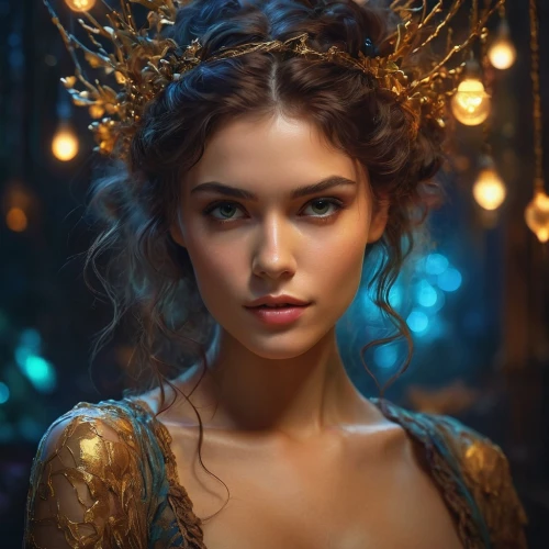 golden crown,gold crown,fairy queen,mary-gold,faery,cinderella,fantasy portrait,golden wreath,faerie,the enchantress,golden flowers,fairy peacock,mystical portrait of a girl,gold filigree,fae,enchanting,gold mask,gold foil crown,angel,girl in a wreath,Photography,General,Cinematic