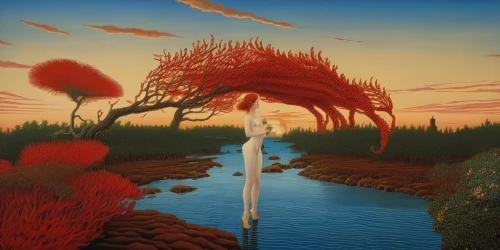 surrealism,surrealistic,the blonde in the river,girl with tree,rusalka,treeing feist,water-the sword lily,mother earth,red tree,floating island,nature and man,el salvador dali,secret garden of venus,schopf-torch lily,dali,fantasia,morning illusion,landscape red,girl on the river,steve medlin,Conceptual Art,Fantasy,Fantasy 07