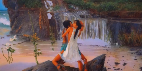 woman at the well,khokhloma painting,romantic scene,oil painting on canvas,ramayan,mermaid background,indian art,oil painting,baptism of christ,honeymoon,water nymph,thermal spring,girl with a dolphin,janmastami,adam and eve,girl on the river,hare krishna,the night of kupala,radha,indigenous painting,Illustration,Paper based,Paper Based 04