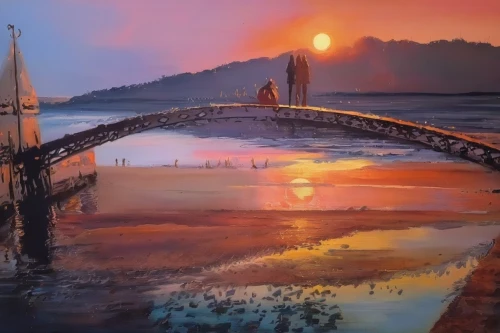 humpback bridge,wooden bridge,dragon bridge,fishermen,bridge,hangman's bridge,art painting,oil painting,burned pier,oil painting on canvas,photo painting,coastal landscape,old bridge,old wooden boat at sunrise,sea landscape,golden bridge,teak bridge,boat landscape,spit bridge,bridges,Illustration,Paper based,Paper Based 04