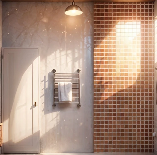 visual effect lighting,shower door,metallic door,wall light,daylighting,render,morning light,wall lamp,home door,wooden door,hanging light,3d render,3d rendering,shower panel,hallway space,almond tiles,door,3d rendered,scene lighting,sunbeams