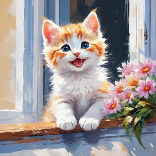 blossom kitten,ginger kitten,flower cat,calico cat,flower painting,digital painting,little cat,pet portrait,kitten,cat portrait,cute cat,turkish van,ginger cat,stray kitten,red tabby,young cat,drawing cat,flower animal,calico,springtime background,Conceptual Art,Oil color,Oil Color 10