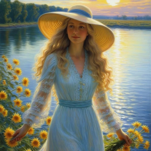 yellow sun hat,sun flowers,girl on the river,sun flower,girl in flowers,high sun hat,sun hat,sunflowers,the hat of the woman,splendor of flowers,oil painting,daffodils,romantic portrait,oil painting on canvas,the blonde in the river,sunflower field,sunflowers in vase,southern belle,summer day,in the early summer,Illustration,Realistic Fantasy,Realistic Fantasy 03