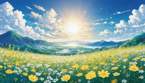 sunburst background,blooming field,spring background,spring sun,flower field,flower background,dandelion background,blanket of flowers,field of flowers,springtime background,landscape background,dandelion meadow,daffodil field,sea of flowers,flowers field,meadow landscape,bright sun,dandelion field,sun,mountain meadow,Illustration,Japanese style,Japanese Style 04