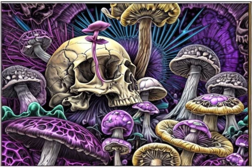 agaric,skulls,psychedelic art,skull bones,cubensis,skulls bones,skull allover,mushroom landscape,skulls and,medicinal mushroom,skeletons,mushrooms,greyskull,day of the dead skeleton,anti-cancer mushroom,catacombs,skull drawing,death's-head,skeleton key,polyp