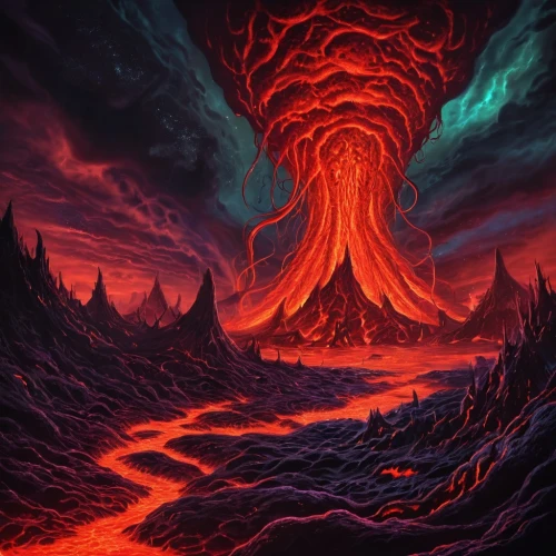 volcano,volcanic,volcanic eruption,eruption,burning tree trunk,lava,volcanism,volcanic field,magma,burning bush,volcanos,volcanic landscape,burning earth,red tree,the eruption,scorched earth,lava flow,fire planet,nature's wrath,stratovolcano,Illustration,Realistic Fantasy,Realistic Fantasy 47