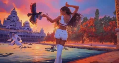 fantasy picture,oriental longhair,fantasy art,swan lake,aladdin,pocahontas,aladha,aladin,3d fantasy,greek mythology,fire dancer,romantic scene,ayutthaya,fire-eater,fantasy woman,ballet master,phra nakhon si ayutthaya,fantasy world,girl with a dolphin,asian semi-longhair,Illustration,Paper based,Paper Based 04