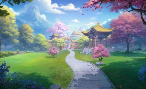 landscape background,cartoon video game background,pathway,fantasy landscape,the mystical path,spring background,springtime background,japanese sakura background,hiking path,forest path,sakura background,fairy world,children's background,wooden path,the path,fantasy picture,home landscape,fairy village,hall of supreme harmony,walkway