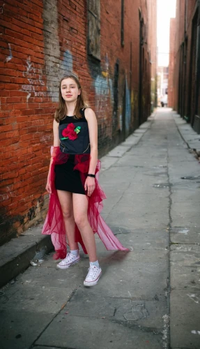 girl in a historic way,hip rose,girl walking away,rose petals,red cape,alley cat,girl in flowers,super heroine,red brick wall,red super hero,tufts rose,alleyway,girl in a long dress,girl in t-shirt,way of the roses,red rose,woman walking,tutu,senior photos,a girl in a dress