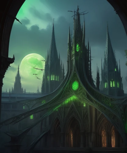 haunted cathedral,gothic architecture,hall of the fallen,gothic church,cathedral,spawn,concept art,gothic,spire,patrol,castle of the corvin,green aurora,northrend,fantasy city,ancient city,blood church,notre dame,halloween background,portal,place of pilgrimage,Conceptual Art,Fantasy,Fantasy 01