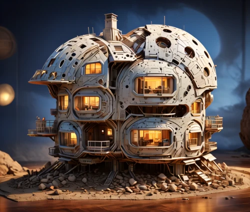 mandelbulb,cubic house,steampunk gears,tree house hotel,steampunk,cube stilt houses,tree house,3d render,insect house,miniature house,crooked house,cinema 4d,treehouse,mobile home,cube house,moon base alpha-1,wood doghouse,scrap sculpture,3d fantasy,fractal environment