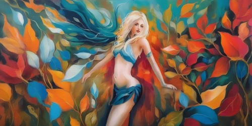 flora,girl in the garden,girl in flowers,kahila garland-lily,siren,the blonde in the river,rusalka,oil painting on canvas,falling on leaves,schopf-torch lily,water nymph,falling flowers,oil painting,girl with tree,fantasia,throwing leaves,fae,oil on canvas,blonde woman,girl in a long,Illustration,Paper based,Paper Based 04
