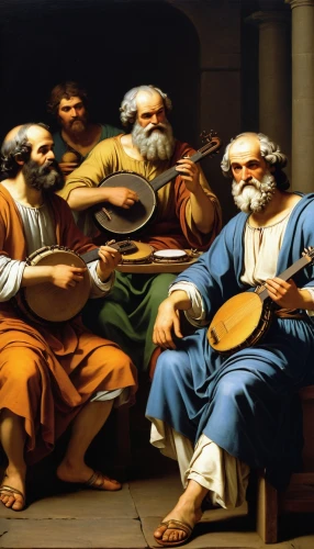 school of athens,musicians,holy supper,christ feast,last supper,disciples,the death of socrates,street musicians,plucked string instruments,twelve apostle,pythagoras,sicilian cuisine,cavaquinho,musical ensemble,church painting,biblical narrative characters,the flute,the twelve apostles,italian painter,string instruments,Art,Classical Oil Painting,Classical Oil Painting 25