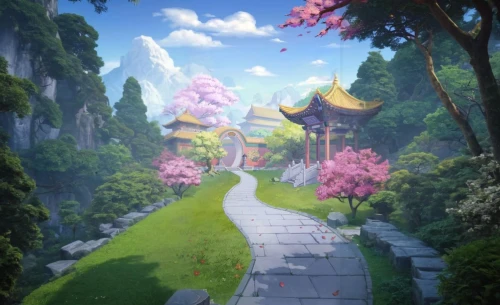 japanese sakura background,pathway,sakura background,cartoon video game background,the mystical path,hiking path,fantasy landscape,landscape background,meteora,forest path,hall of supreme harmony,the path,chinese temple,fairy world,chinese background,cartoon forest,japan landscape,heaven gate,background with stones,fairy village