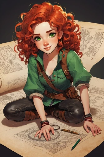 merida,fae,clary,celtic queen,princess anna,nora,rowan,fairy tale character,girl drawing,elza,girl studying,red-haired,fantasy portrait,game illustration,orla,magic grimoire,irish,bookworm,elven,catarina,Illustration,Paper based,Paper Based 01
