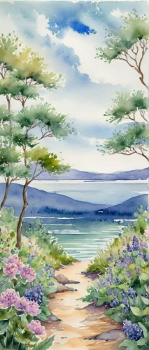 watercolor background,landscape background,beach landscape,an island far away landscape,japanese sakura background,coastal landscape,landscape with sea,background view nature,springtime background,sea landscape,japanese floral background,sakura background,watercolor,spring background,japan landscape,watercolor tree,sakura trees,watercolor paint,panoramic landscape,beach scenery,Illustration,Paper based,Paper Based 25