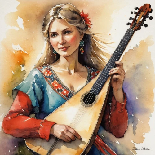 balalaika,bouzouki,woman playing,classical guitar,violin woman,charango,folk music,bağlama,mandolin,guitar,stringed instrument,woman playing violin,musician,concert guitar,cavaquinho,guitar player,string instrument,veena,art bard,dulcimer,Illustration,Paper based,Paper Based 03