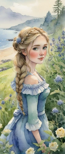 jessamine,watercolor background,girl picking flowers,jane austen,little girl in wind,girl in flowers,by the sea,the sea maid,rapunzel,cape marguerite,springtime background,sea-lavender,girl in the garden,cinderella,rosa ' amber cover,the blonde in the river,on the shore,fae,fantasy portrait,peninsula,Illustration,Paper based,Paper Based 17