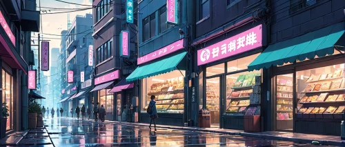 convenience store,deli,grocery,store fronts,shinjuku,shopping street,grocery store,watercolor shops,shops,store front,bakery,bookstore,book store,neon coffee,supermarket,rainy,grocer,store,pastry shop,tokyo city,Anime,Anime,Realistic