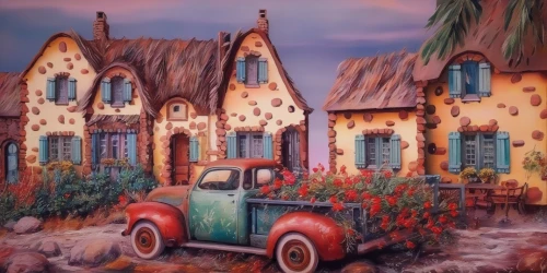 antique car,houses clipart,folk art,vintage art,popeye village,house painting,auto repair shop,day of the dead truck,vintage vehicle,home landscape,coral castle,old cars,old house,old car,old home,ford truck,old vehicle,disneyland park,fantasy art,decorative art,Illustration,Paper based,Paper Based 04