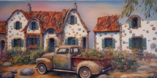 old house,house painting,glass painting,antique car,folk art,vintage art,ford truck,old home,auto repair shop,old vehicle,old car,old town house,village scene,stucco frame,oradour sur glane,home landscape,old colonial house,traditional house,automobile repair shop,vintage vehicle,Illustration,Paper based,Paper Based 04