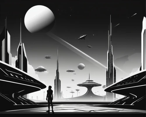 futuristic landscape,backgrounds,space port,sci fi,scifi,sci fiction illustration,sci - fi,sci-fi,alien planet,space ships,concept art,sky space concept,spaceship space,alien world,spaceships,metropolis,panoramical,futuristic architecture,gas planet,lost in space,Illustration,Black and White,Black and White 33