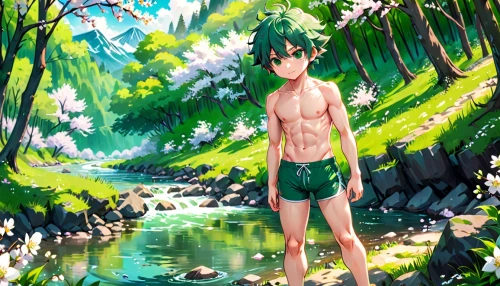 hot spring,green summer,summer background,green water,mountain spring,thermal spring,forest background,landscape background,spring background,emerald sea,water spring,swimmer,summer day,green forest,springtime background,garden of eden,green meadow,lilly of the valley,green landscape,green waterfall,Anime,Anime,Realistic
