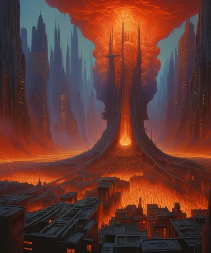 city in flames,burning earth,fire planet,pillar of fire,apocalyptic,volcano,post-apocalyptic landscape,scorched earth,destroyed city,the end of the world,apocalypse,volcanism,magma,volcanic field,armageddon,volcanic,end of the world,eruption,the conflagration,futuristic landscape,Conceptual Art,Fantasy,Fantasy 01