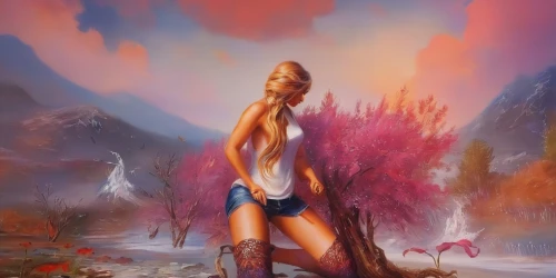 fantasy picture,the blonde in the river,pocahontas,fantasy art,rapunzel,world digital painting,mermaid background,girl with tree,fantasy portrait,tiber riven,fantasy landscape,fae,girl on the river,merfolk,girl with a dolphin,the wanderer,nature and man,landscape background,faerie,the spirit of the mountains,Illustration,Paper based,Paper Based 04