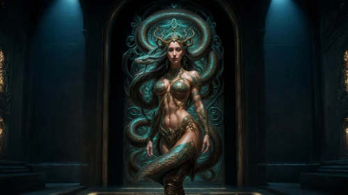 medusa,medusa gorgon,goddess of justice,water nymph,fantasia,priestess,cg artwork,the enchantress,god of the sea,art nouveau,andromeda,siren,mezzelune,metallic door,gorgon,poseidon,sorceress,shiva,hall of the fallen,merfolk