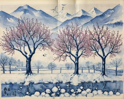 plum blossoms,snow trees,snow scene,winter landscape,chinese art,snow landscape,sakura trees,plum blossom,cool woodblock images,cherry trees,korean village snow,cold cherry blossoms,oriental painting,apricot blossom,snow tree,snow drawing,takato cherry blossoms,snowy landscape,winter background,fruit trees,Unique,Design,Blueprint