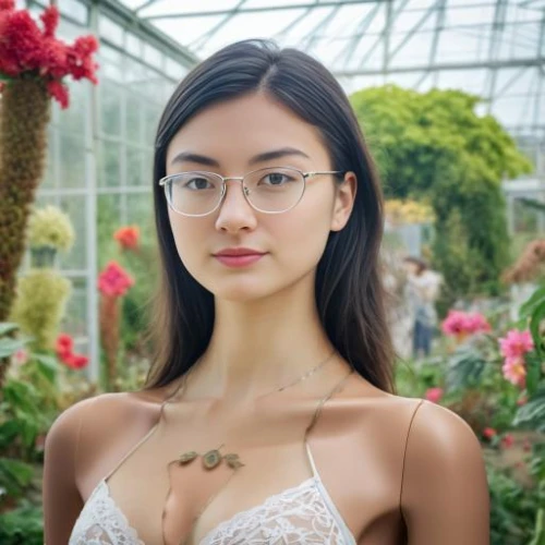 with glasses,lace round frames,asian vision,beautiful girl with flowers,silver framed glasses,glasses,hahnenfu greenhouse,eye glass accessory,vietnamese,asian woman,reading glasses,girl in flowers,pink glasses,asian girl,floral,crystal glasses,greenhouse,garden fairy,victoria lily,floral frame,Female,Western Europeans,Frizzy,Youth adult,M,Hope,Underwear,Indoor,Botanical Garden