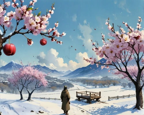 cherry trees,winter cherry,cold cherry blossoms,winter blooming cherry,cherry tree,sakura cherry tree,japanese cherry trees,the cherry blossoms,takato cherry blossoms,japanese sakura background,winter background,sakura trees,cherry blossom tree,sakura background,winter landscape,snow cherry,cherry blossoms,apple trees,snow scene,sakura tree,Unique,Design,Character Design