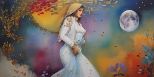 blue moon rose,fantasy art,fantasy picture,faerie,fairy tale character,oil painting on canvas,art painting,moonflower,the prophet mary,white rose snow queen,the angel with the veronica veil,fairy queen,suit of the snow maiden,sorceress,mystical portrait of a girl,sun bride,arabic background,ao dai,fantasy woman,praying woman,Illustration,Paper based,Paper Based 04