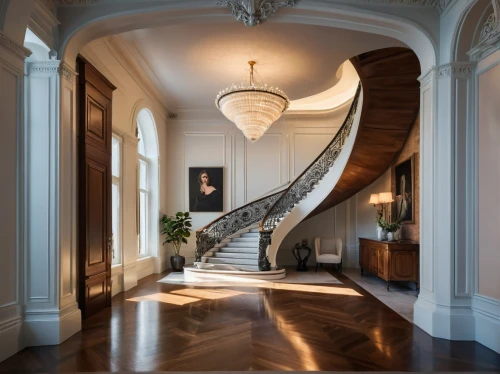 hallway,winding staircase,hallway space,circular staircase,staircase,outside staircase,entrance hall,hardwood floors,brownstone,wooden stair railing,luxury home interior,banister,stair,house entrance,stairwell,stairs,interior design,neoclassical,the threshold of the house,stairway,Photography,General,Natural