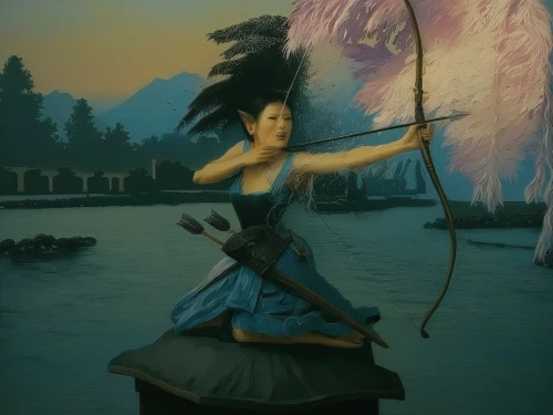 mulan,girl on the river,the sea maid,yi sun sin,chinese art,rusalka,angel moroni,erhu,girl with a dolphin,warrior woman,bow and arrows,swordswoman,water nymph,pocahontas,oriental painting,scythe,bows and arrows,gonepteryx cleopatra,quarterstaff,girl with a wheel,Illustration,Japanese style,Japanese Style 18