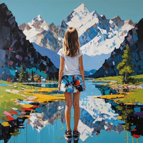 mirror in the meadow,eiger,mountain scene,painting technique,the spirit of the mountains,mirror water,mountain lake,mountainlake,art painting,blue painting,girl on the river,oil painting on canvas,mountain world,arête,mountain,mountains,landscapes,girl and boy outdoor,girl in a long,mountain spirit