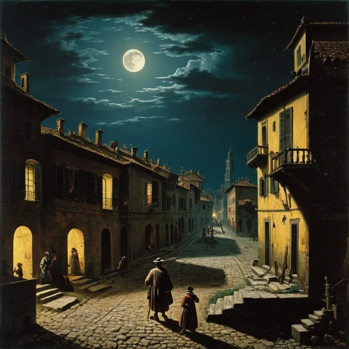 night scene,the cobbled streets,rome night,medieval street,moonlit night,the pied piper of hamelin,street scene,hamelin,night image,italian painter,nocturnes,rome at night,cobblestones,townscape,at night,volterra,cd cover,cobblestone,fantasy picture,moonlit,Art,Classical Oil Painting,Classical Oil Painting 25