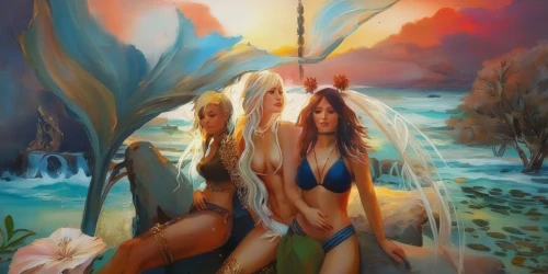 fantasy art,mermaids,fantasy picture,merfolk,oil painting on canvas,mermaid background,adam and eve,believe in mermaids,oil painting,sea fantasy,3d fantasy,art painting,psychedelic art,beach goers,lover's beach,blue hawaii,garden of eden,fairies,ocean paradise,sirens,Illustration,Paper based,Paper Based 04