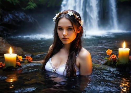 the night of kupala,water nymph,sorceress,fantasy picture,faerie,rusalka,water lotus,girl on the river,the enchantress,the blonde in the river,faery,water-the sword lily,mystical portrait of a girl,the girl in the bathtub,candlelights,celtic queen,priestess,celtic woman,fairy queen,lily water,Conceptual Art,Daily,Daily 34