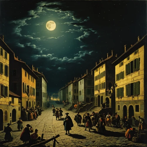 night scene,the pied piper of hamelin,medieval street,street scene,pilgrims,florentine,rome night,moonlit night,lucca,candlemas,street musicians,ponte vecchio,the carnival of venice,the cobbled streets,the night of kupala,townscape,modena,volterra,nocturnes,evening atmosphere,Art,Classical Oil Painting,Classical Oil Painting 25
