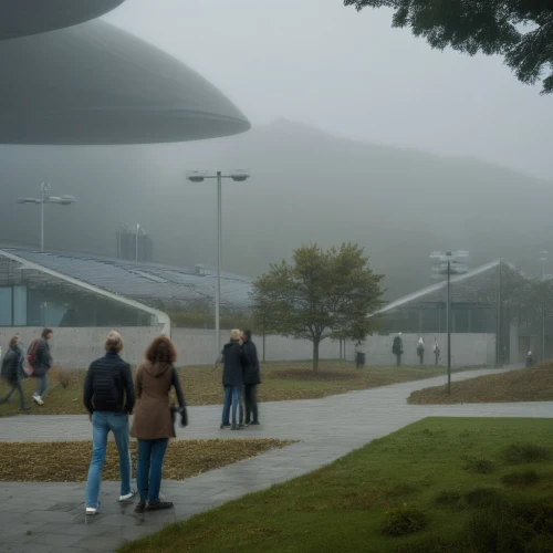 tempodrom,alien invasion,futuristic art museum,alien ship,ufo,saucer,ufos,extraterrestrial life,futuristic landscape,veil fog,radio telescope,futuristic architecture,the fog,emission fog,flying saucer,boomerang fog,ground fog,foggy day,australian mist,cancer fog,Photography,General,Realistic