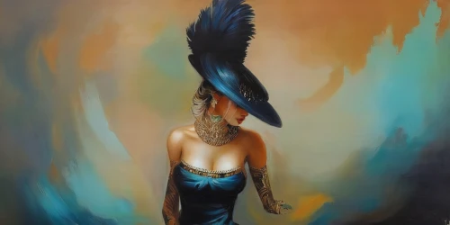 feather headdress,headdress,bird of paradise,blue bird,blue peacock,showgirl,harpy,fairy peacock,black feather,blue parrot,feathers,peacock,crow queen,fantasy art,blue enchantress,feathers bird,oil painting on canvas,plumage,the hat of the woman,blue painting,Illustration,Paper based,Paper Based 04