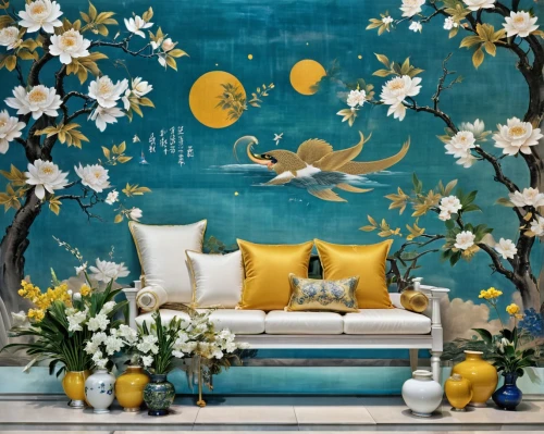 quince decorative,blue birds and blossom,flower wall en,blossom gold foil,wall decoration,wall decor,boho art,decorative art,nursery decoration,yellow wallpaper,decoration bird,decorates,wall painting,decor,wall sticker,japanese floral background,floral and bird frame,gold foil art,floral background,damask background,Conceptual Art,Fantasy,Fantasy 23