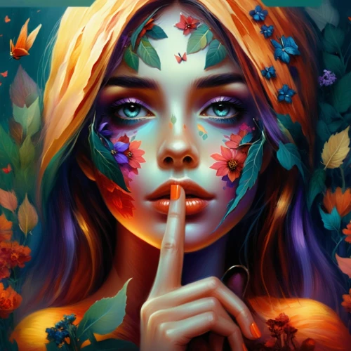 mystical portrait of a girl,psychedelic art,fantasy portrait,fantasy art,girl in flowers,faerie,world digital painting,face paint,flower painting,faery,fantasy picture,colorful background,creative background,face painting,flower nectar,digital art,tiger lily,art painting,secret garden of venus,fantasy woman,Illustration,Realistic Fantasy,Realistic Fantasy 01