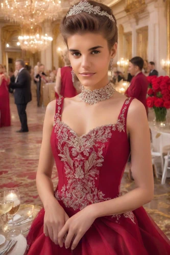 elegant,elegance,red gown,quinceañera,girl in red dress,ball gown,crown carnation,man in red dress,cinderella,red carnation,debutante,lady in red,in red dress,gala,bridesmaid,tiara,romantic look,hallia venezia,royal lace,red,Photography,Realistic