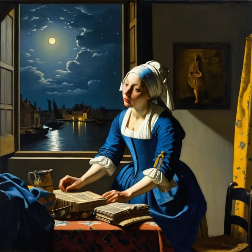 woman holding pie,woman playing,woman eating apple,astronomer,woman with ice-cream,the girl in nightie,girl studying,night scene,woman drinking coffee,woman playing tennis,moonlit night,moon phase,praying woman,woman holding a smartphone,meticulous painting,girl in the kitchen,woman sitting,la nascita di venere,girl with cloth,moonrise,Art,Classical Oil Painting,Classical Oil Painting 07