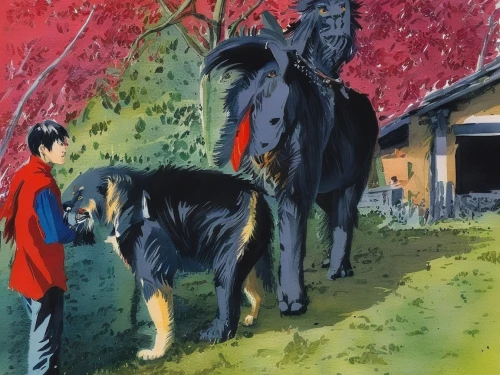 man and horses,boy and dog,khokhloma painting,two-horses,autumn chores,karakachan dog,horses,studio ghibli,pony farm,large münsterländer,horse herder,black shepherd,hunting scene,walking dogs,fila brasileiro,village scene,shirakami-sanchi,kennel club,east siberian laika,village life,Illustration,Paper based,Paper Based 07