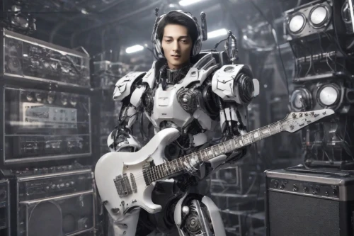 bass guitar,robotic,humanoid,war machine,random access memory,guitar player,ibanez,guitor,lead guitarist,bassist,electric guitar,sun bass,longplayer,ulsan rock,cybernetics,endoskeleton,robot,biomechanical,alloy,guitar head,Photography,Realistic